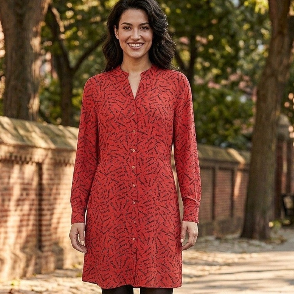 Banana Republic Red French Script Amour Bonjour Dress Long Sleeve Romantic 2